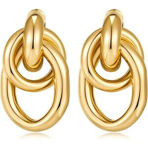 ⚡Gold Chunky Dangle Earrings Double Oval Hoop Drop Earrings for Women Fashion